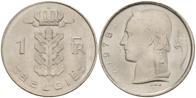 Бельгия 1 франк 1975 Belgie, Бодуэн I (1951-1993) KM 143.1 медно-никель  UNC  4187-157