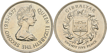 Гибралтар 25 пенсов 1977 25 лет правления Елизаветы II (1952-1977) KM 10 медно-никель UNC 4552-1111