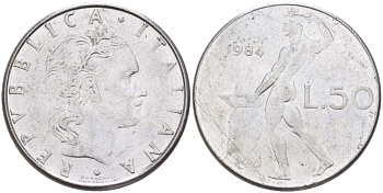 ИТАЛИЯ 50 ЛИР 1984 R, КУЗНЕЦ, ВУЛКАН БОГ ОГНЯ, ДИАМЕТР 25 ММ. KM 95.1 нержавеющая сталь 98-915