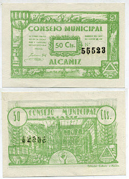 ИСПАНИЯ 50 СЕНТИМО 1937 АЛЬКАНЬИС ПРОВИНЦИЯ бумага UNC (ПРЕСС) 7484-11-1-2