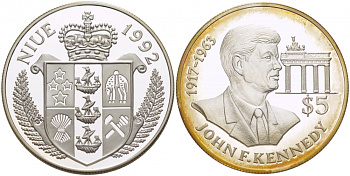 Ниуэ 5 долларов 1992 Джон Кеннеди (1917-1963), речь Кеннеди 26 июня 1963 года у Бранденбургских ворот в Берлине KM 76 серебро PROOF 02-227-31