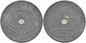 БЕЛЬГИЯ 25 САНТИМОВ 1946 BELGIQUE-BELGIE, ГЕРМАНСКАЯ ОККУПАЦИЯ, ВТОРАЯ МИРОВАЯ ВОЙНА KM 131 цинк 4529-1134