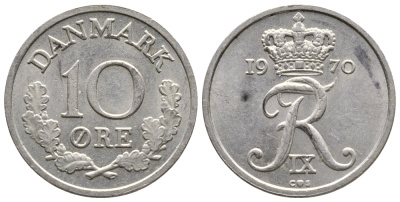 ДАНИЯ 10 ЭРЕ 1970 C; S, ФРЕДЕРИК IX (1947-1972) KM 849.1 медно-никель 26-927