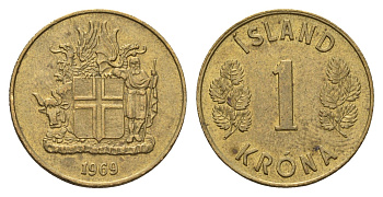 Исландия 1 крона 1969 KM 12a никель латунь aUNC 4691-446