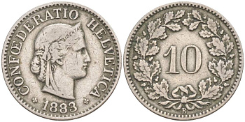Швейцария 10 раппенов 1883 В KM 27 медно-никель 4181-1045