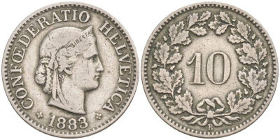 Швейцария 10 раппенов 1883 В KM 27 медно-никель 4181-1045