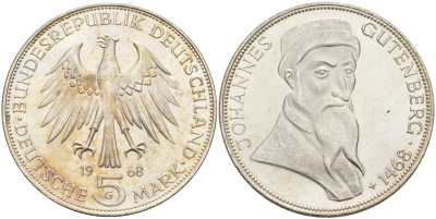 ФРГ 5 марок 1968 G, 500 лет со дня смерти Иоганна Гутенберга KM 122, J.397 серебро 88-215