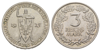 Германия 3 рейхсмарки 1925 A, Тысячелетие Рейнской области KM 46 серебро 1523-1215