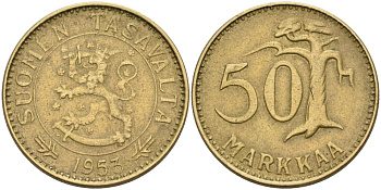 ФИНЛЯНДИЯ 50 МАРОК 1953 H KM 40 алюминиевая бронза 4563-453