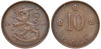 Финляндия 10 пенни 1940 республика (1918-1962) KM 24 медь 51-3234