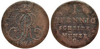 ГАННОВЕР 1 ПФЕННИГ 1824 C KM 125.1 медь 75-1365