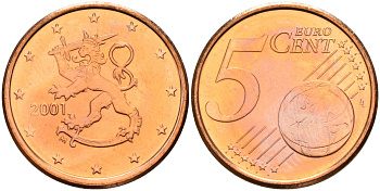 Финляндия 5 евроцентов 2001 KM 100 сталь плакированная медью UNC M57-01