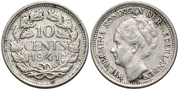 Нидерланды 10 центов 1941 Вильгельмина I (1890-1948) КМ 163 серебро 4549-1052