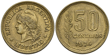 Аргентина 50 сентаво 1974 голова свободы влево KM 68, CJ 333.2, Schon 68 алюминиевая бронза    60-1045