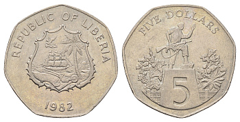 Либерия 5 долларов 1982 KM 44 медно-никель 4672-1024