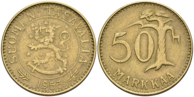 ФИНЛЯНДИЯ 50 МАРОК 1953 H KM 40 алюминиевая бронза 4563-453