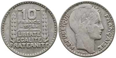 Франция 10 франков 1931 Пьер Тюрен KM 878, Le Franc 360.4 серебро 4683-843