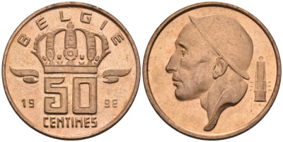 Бельгия 50 сантимов 1992 Belgie KM 149.1 бронза UNC 192-456