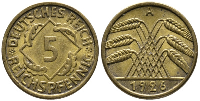 ГЕРМАНИЯ 5 РЕЙХСПФЕННИГОВ 1926 A KM 39, J. 316 алюминиевая бронза 39-559