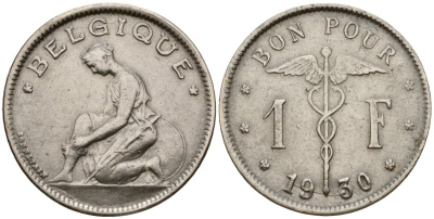Бельгия 1 франк 1930 Belgique KM 89 никель 34-313