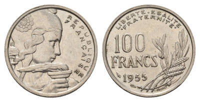 Франция 100 франков 1955 KM 919.1 медно-никель 4118-644