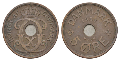 Дания 5 эре 1927 HCN, Кристиан X (1912-1947) KM 828 бронза 4638-554