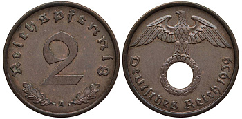 ГЕРМАНИЯ 2 РЕЙХСПФЕННИГА 1939 A KM 90, Jager 362 бронза 4546-914