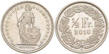 ШВЕЙЦАРИЯ 1/2 ФРАНКА 2010 В KM 23а.3 медно-никель 4528-655