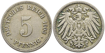 ГЕРМАНИЯ 5 ПФЕННИГОВ 1903 A KM 11, Jager 12, Weege 6 медно-никель 4547-429