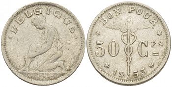 БЕЛЬГИЯ 50 САНТИМОВ 1933 BELGIQUE KM 87 никель 261-1645