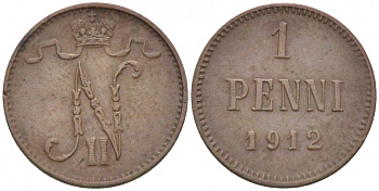 Россия для Финляндии 1 пенни 1912 Николай II (1894-1917) KM 13, Биткин 472 медь 4396-1364