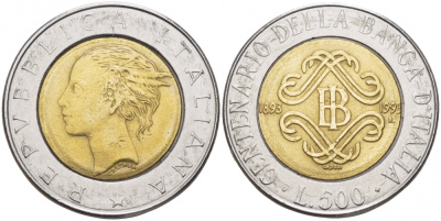 ИТАЛИЯ 500 ЛИР 1993 R 100 ЛЕТ БАНКУ ИТАЛИИ, ГОД ТИП KM 160 биметалл UNC 175-1013
