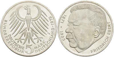 ФРГ 5 марок 1975 J, 50 лет со дня смерти Фридриха Эберта J. 416, KM 141 серебро  UNC  4117-241