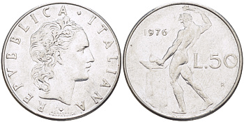 ИТАЛИЯ 50 ЛИР 1976 R, КУЗНЕЦ KM 95.1 нержавеющая сталь 89-712
