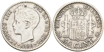 Испания 50 сентимо 1900 SM-V, АЛЬФОНСО XIII (1886-1931) KM 705 серебро 4567-446