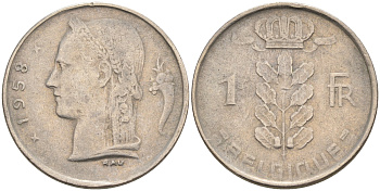 БЕЛЬГИЯ 1 ФРАНК 1958 BELGIQUE KM 142.1 медно-никель 4563-1226