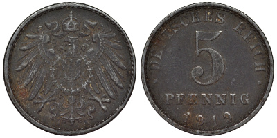 Германия 5 пфеннигов 1919 A KM 19, J. 297, Weege 5 железо 4118-1053