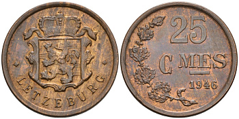 Люксембург 25 сантимов 1946 Шарлотта (1918-1964) KM 45 бронза 4516-237