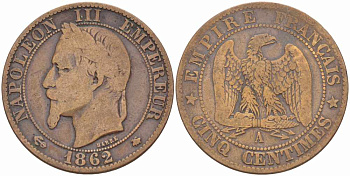 ФРАНЦИЯ 5 САНТИМОВ 1862 A, НАПОЛЕОН III (1852-1870) KM 797.1, LE FRANC 117.5 бронза 108-531