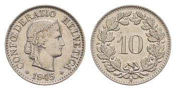 Швейцария 10 раппенов 1945 B, редкий год - 993.000 экземпляров KM 27 медно-никель 4655-119