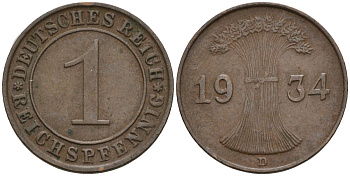 Германия 1 рейхспфенниг 1934 D KM 37, J. 313 бронза 4549-614