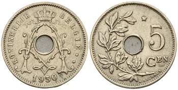 Бельгия 5 сантимов 1930 Belgique KM 66 медно-никель 4551-812
