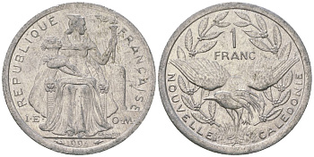 Французская Новая Каледония 1 франк 1994 птица кагу, (IEOM) KM 10, Schoen 10, Lec 52 алюминий 37-855