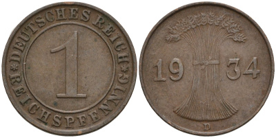 Германия 1 рейхспфенниг 1934 D KM 37, J. 313 бронза 4549-614