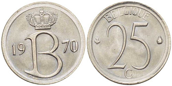 БЕЛЬГИЯ 25 САНТИМОВ 1970 BELGIQUE KM 153.1 медно-никель 201-1266