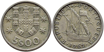 ПОРТУГАЛИЯ 5 ЭСКУДО 1967ПАРУСНИК KM 591 медно-никель 4395-854