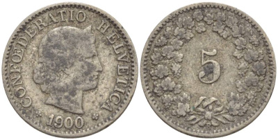 ШВЕЙЦАРИЯ 5 РАППЕНОВ 1900 В KM 26 медно-никель 4532-913