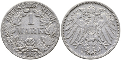 ГЕРМАНИЯ 1 МАРКА 1902 F KM 14 серебро 179-825