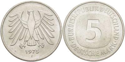 ФРГ 5 марок 1975 F, монетный двор Штутгарт КМ 140.1, J. 415 медно-никель плакированный никелем 215-811