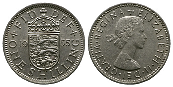 Великобритания 1 шиллинг 1955 Елизавета II (1952-2022), Английский герб KM 904, Spink 4147 медно-никель 261-1024